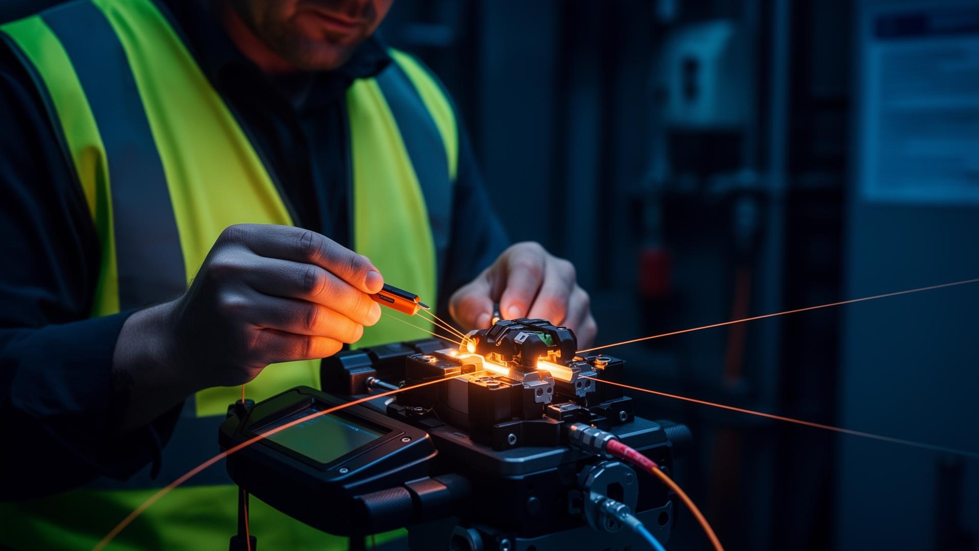 Telecommunications engineer performing fibre optic splicing